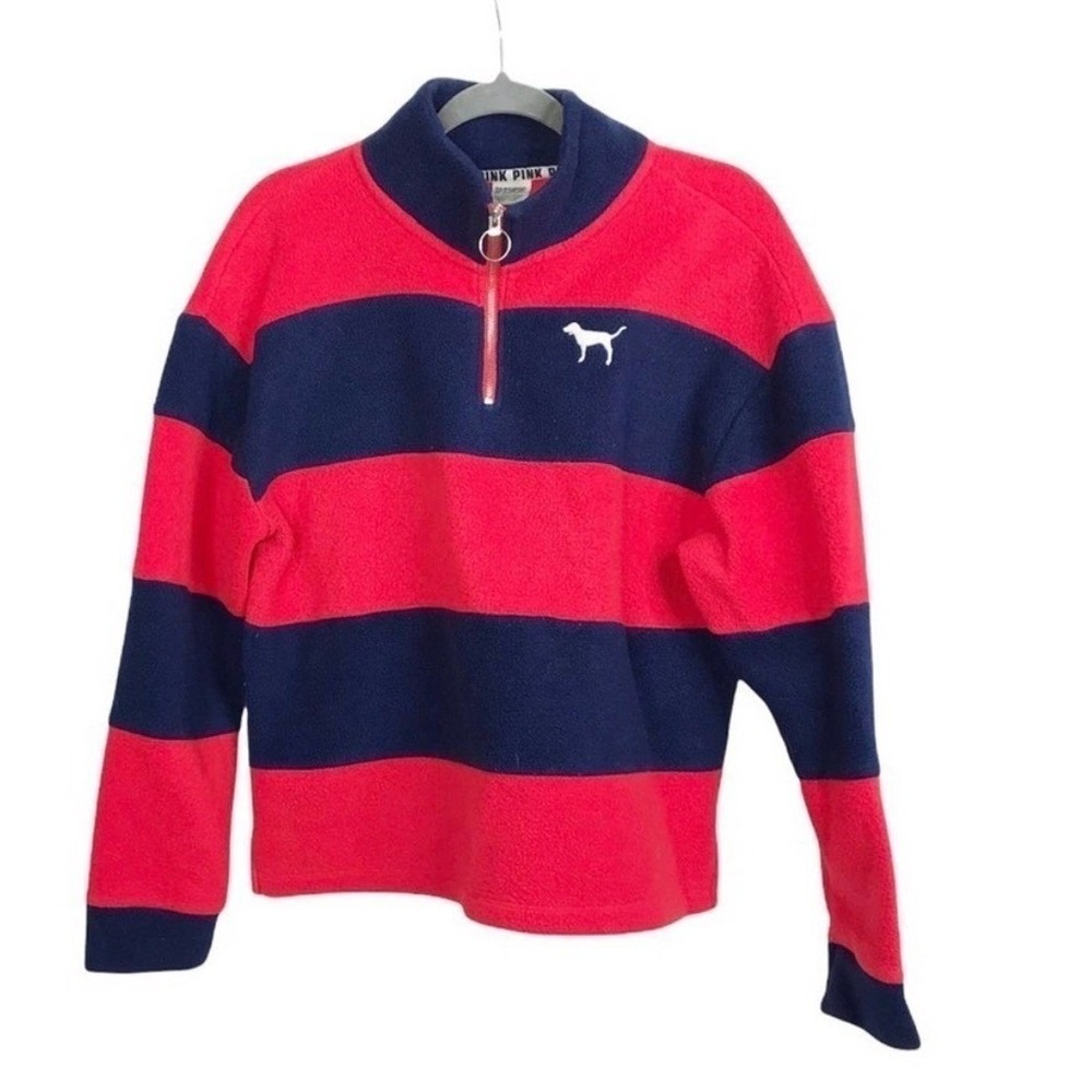 PINK Victoria's Secret Fleece Quarter Zip Pullover Red Navy Stripe Logo Womens L